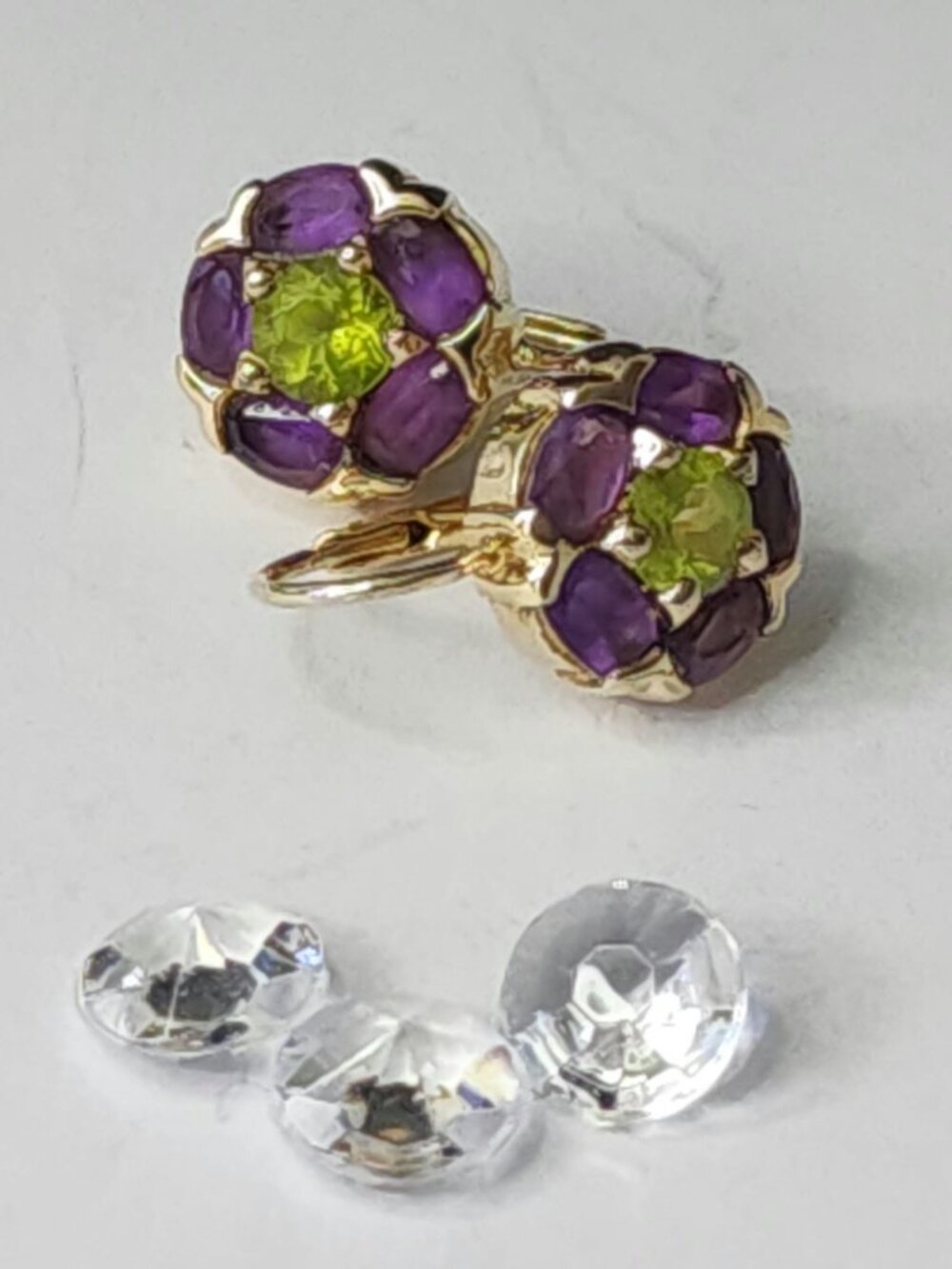 Vintage Gold Tone 925 Sterling Silver Amethyst Peridot Flower Earrings Dangle